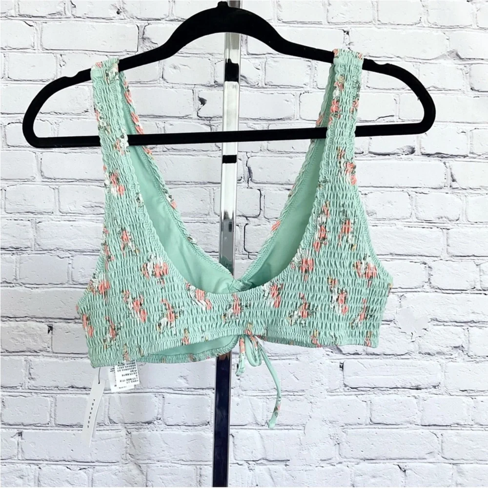New Topshop Shirred Green Floral Bikini Top Size 12 - Picture 3 of 4